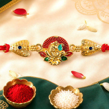 Gold-Toned Lord Ganesha Rakhi with Lotus Enamel for Raksha Bandhan (5pcs)