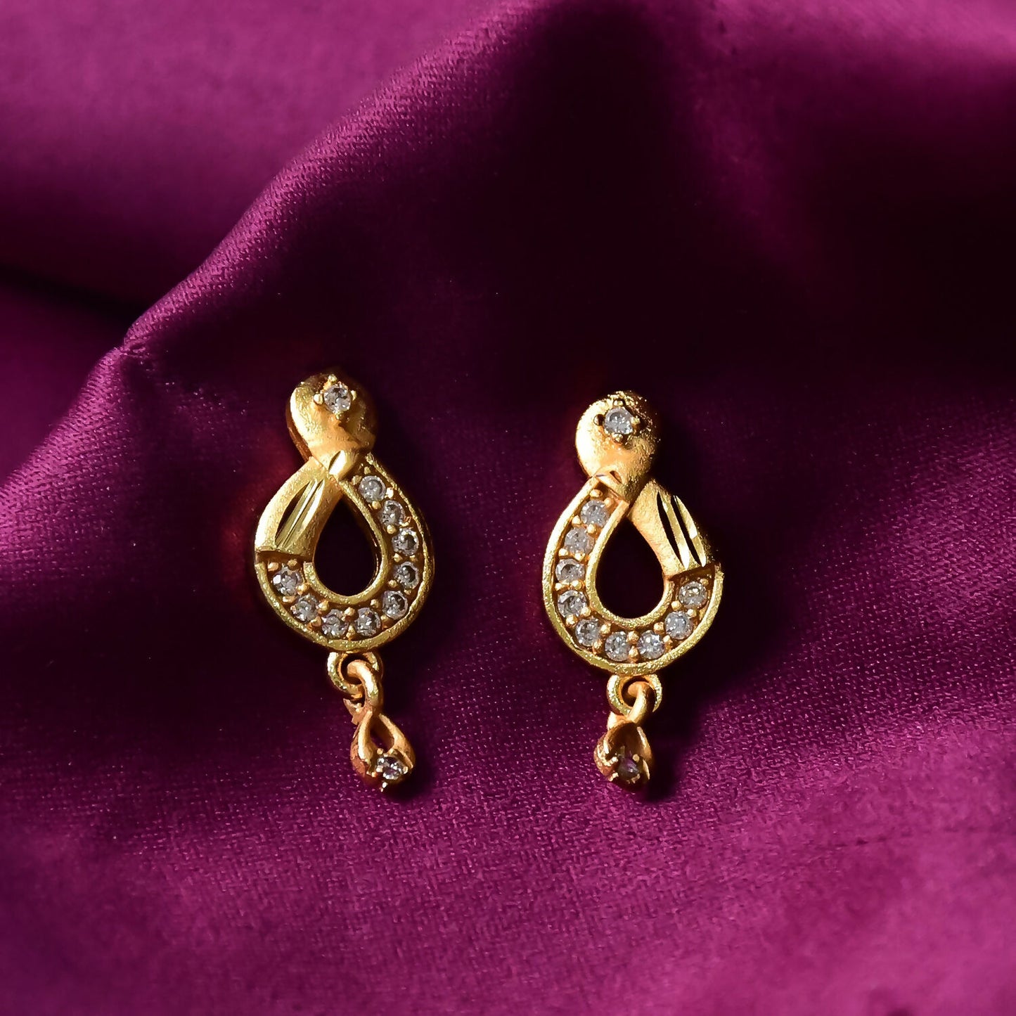 Teardrop Shaped Stud Earrings with Crystal Inlay and Hanging Charm