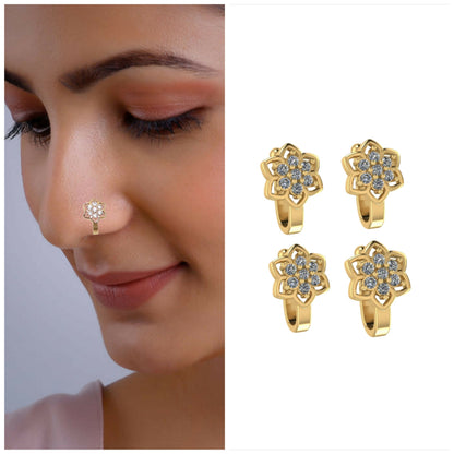 Clip-On Nose Ring Combo | Flower Stud & Double Hoop Nath Combo Pack of 4