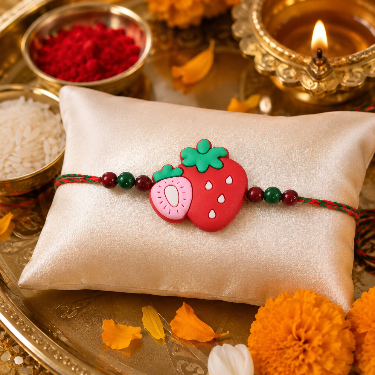 Strawberry Charm Kids Beaded Rakhi for Brother - Festive Design (10pcs)