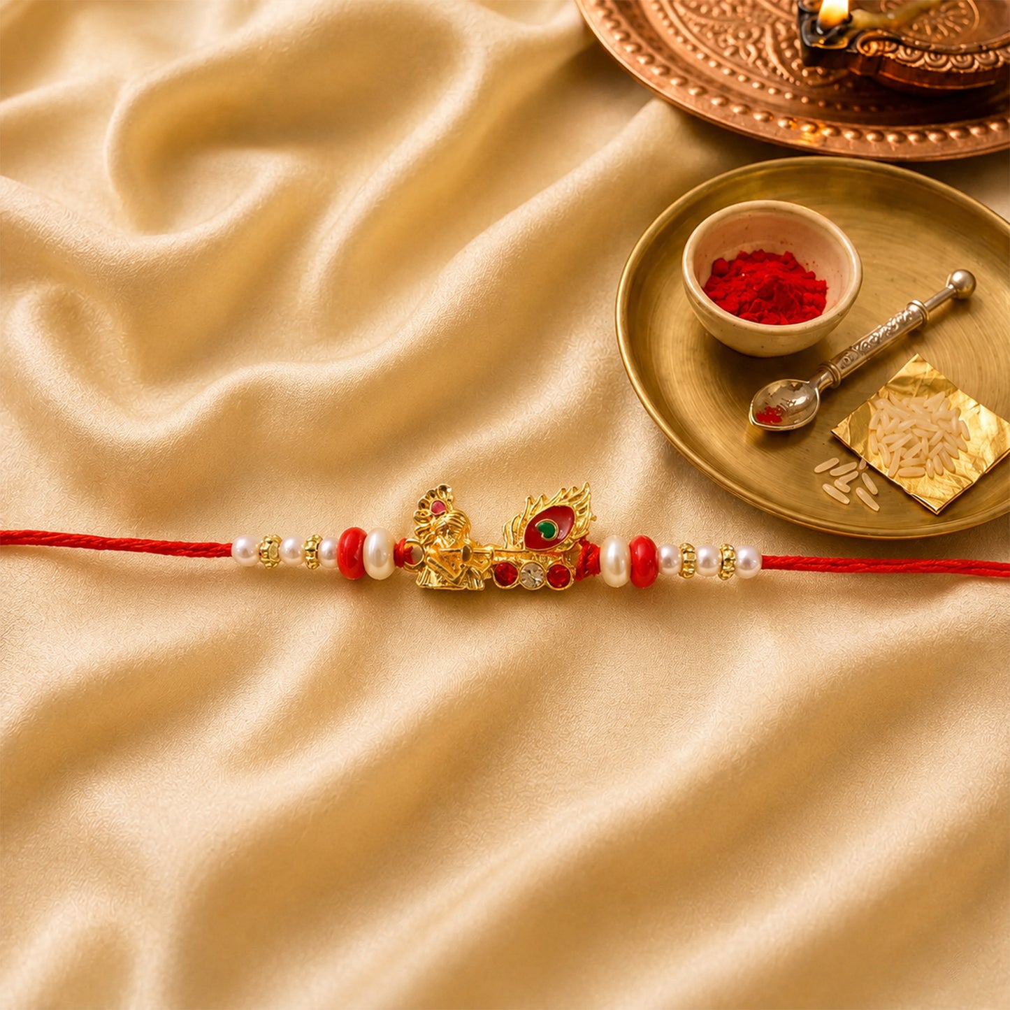 Krishna Mor Pankh Rakhi with Red Pearls and Festive Gold Charm