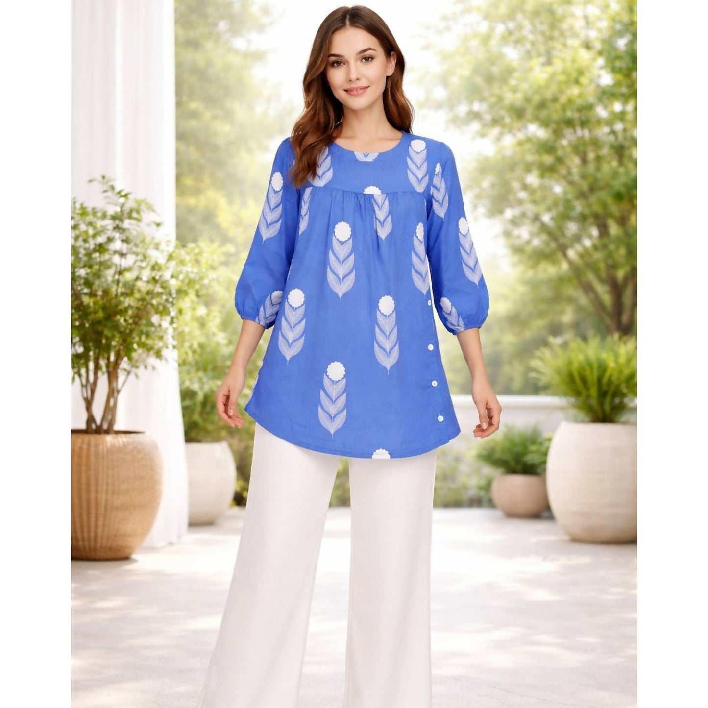 Close-up of the blue floral print on the cotton short kurti