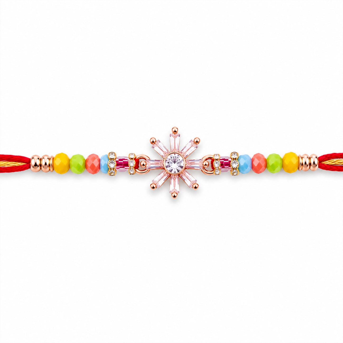 Rose Gold Sunburst Crystal Rakhi with Rainbow Beads, Roli Chawal Coin and Festive Gift Packing