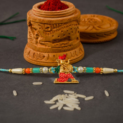 Ganesh Charms Rakhi with Turquoise and Pearl Beads Elegant Festival Accessory (5pcs)