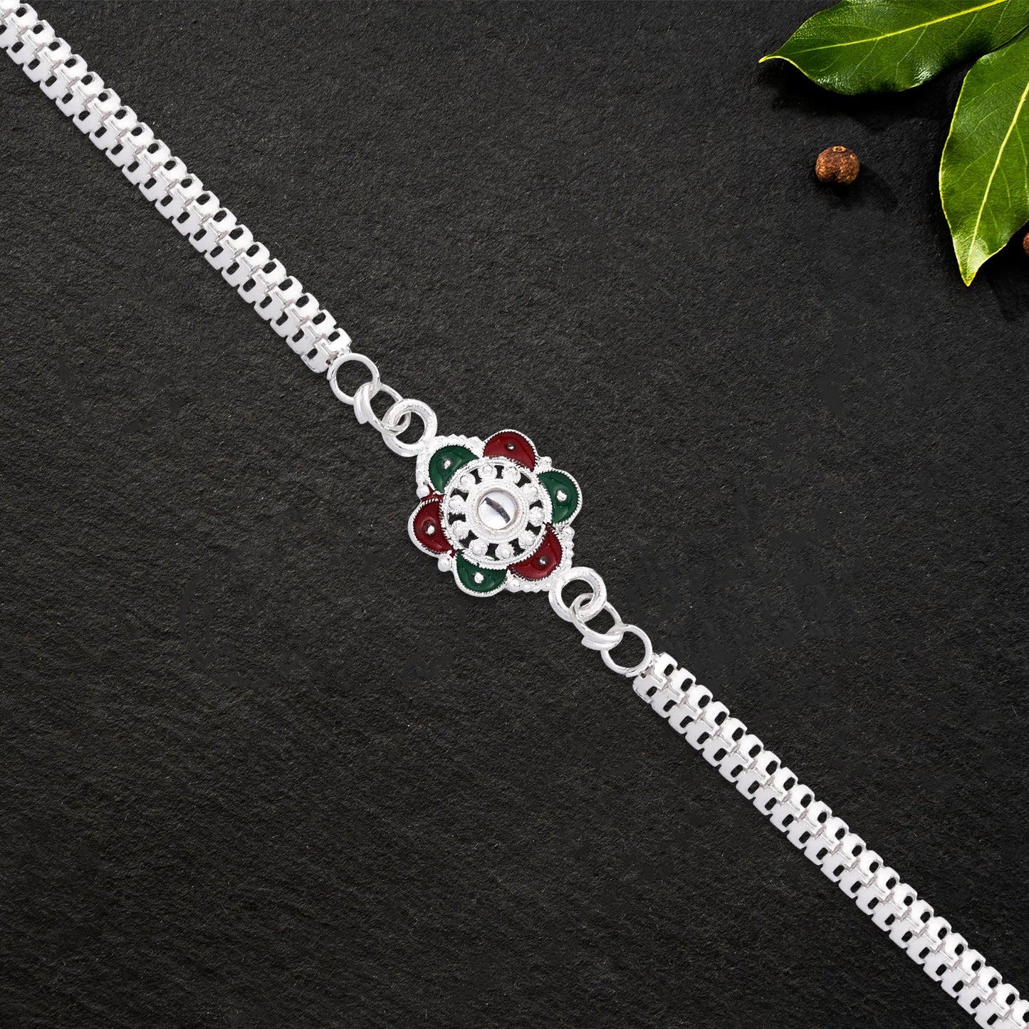 Buy Flower Rakhi for Brothers Silver Finish Mirror Stone (5pcs)