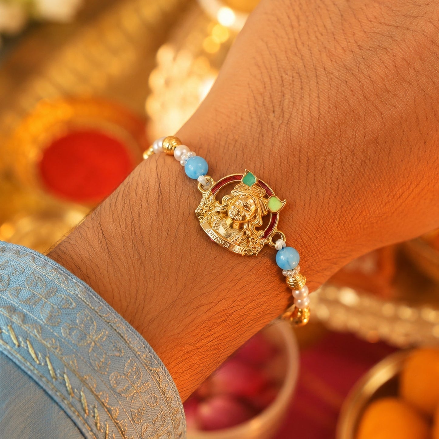 Gold-Toned Khatu Shyam Rakhi with Blue and Pearl Beads for Raksha Bandhan (5pcs)