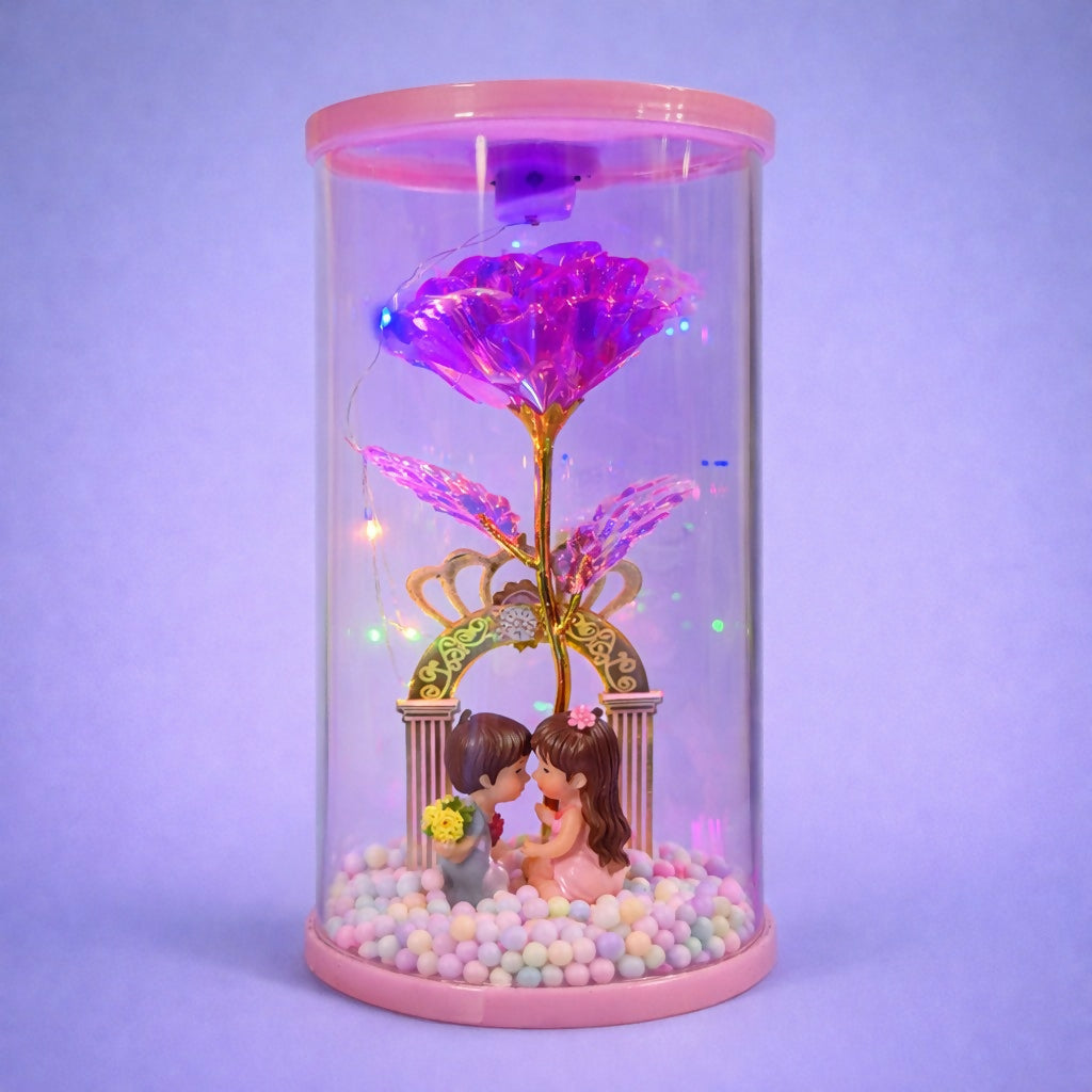 LED Rose Dome with Couple Figurine Romantic Decorative Showpiece