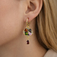 Gold-Tone Multicolor Crystal Floral Drop Hoop Earrings for Women