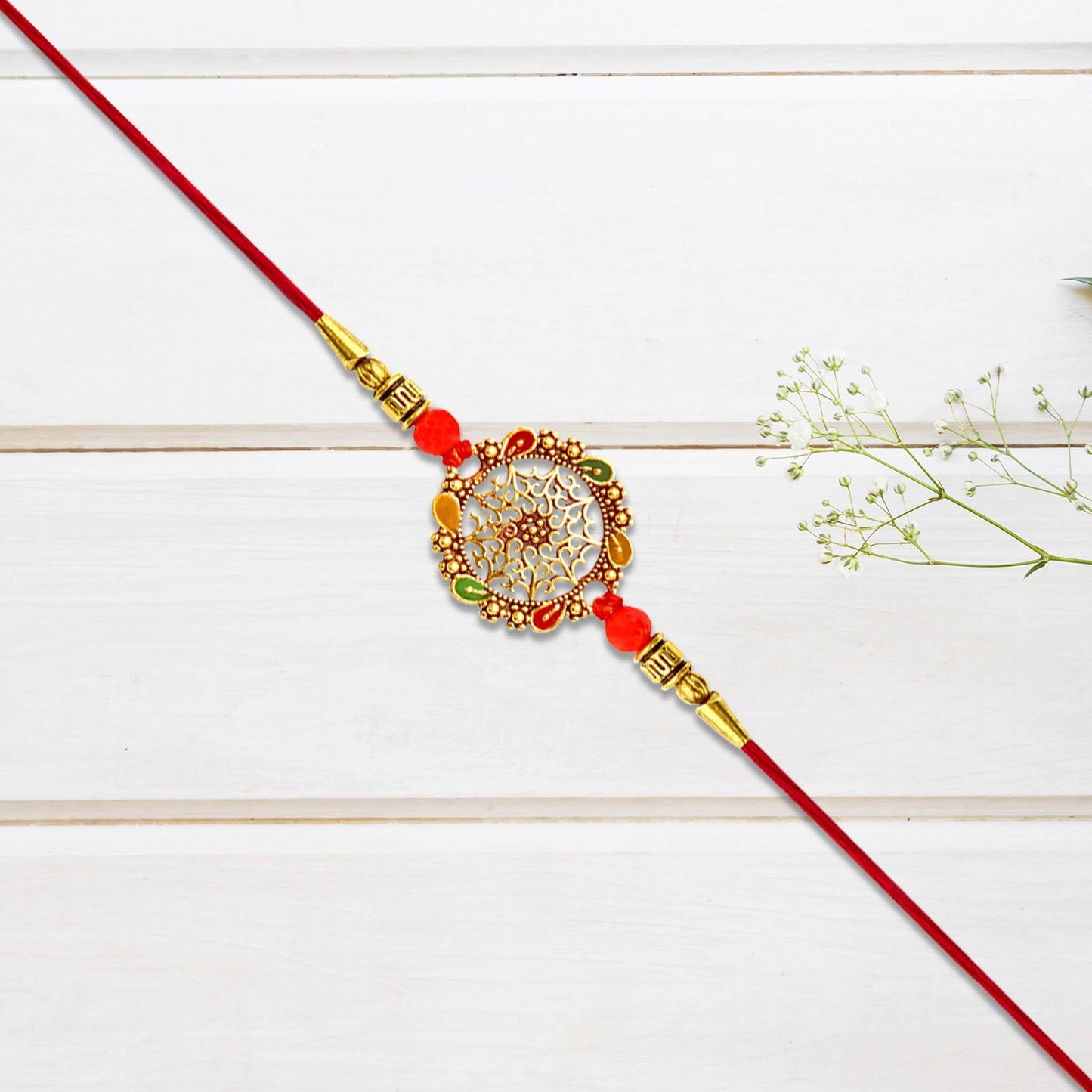 Circular Rakhi with Multicolor Accents, Elegant Raksha Bandhan Gift (5pcs)