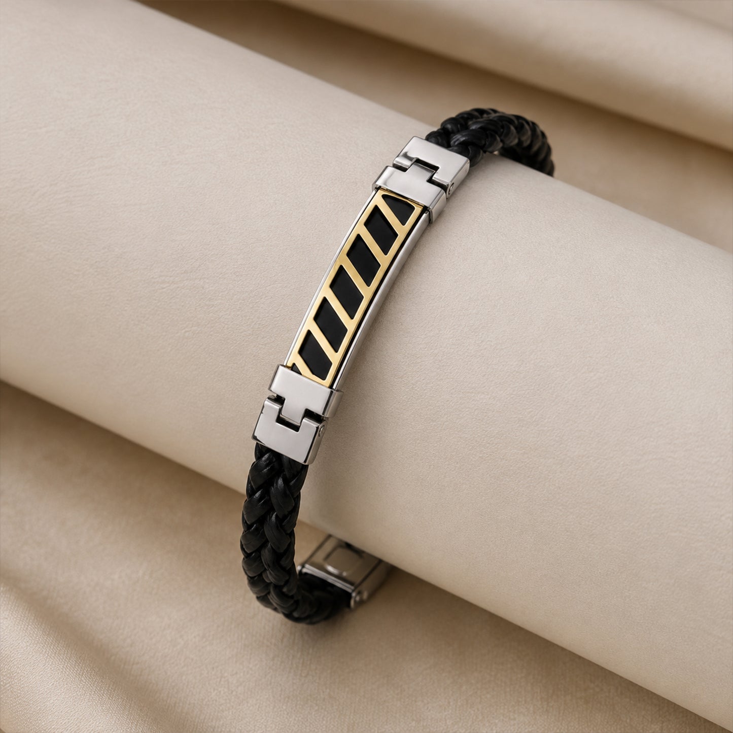 Stripe Bracelet Rakhi with Black Braided Band and Dual-Tone Plate for Raksha Bandhan