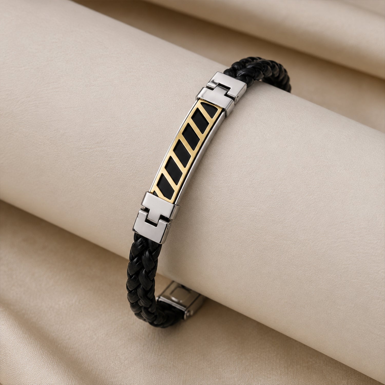 Stripe Bracelet Rakhi with Black Braided Band and Dual-Tone Plate for Raksha Bandhan