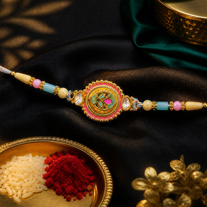 Round Floral Kundan Medallion Rakhi with Pastel Beads