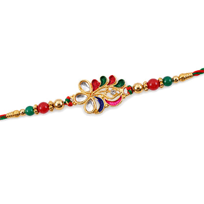 Multicolor Floral Kundan Pendant Rakhi with Green Beads