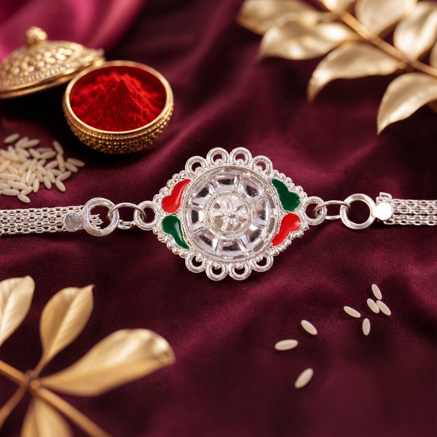 Silver Floral Rakhi Meenakari & Chain for Brothers (5pcs)