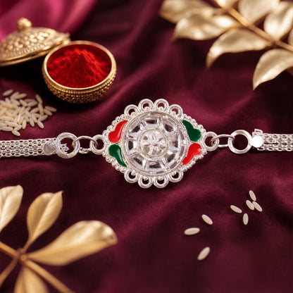 Silver Floral Rakhi Meenakari & Chain for Brothers (5pcs)
