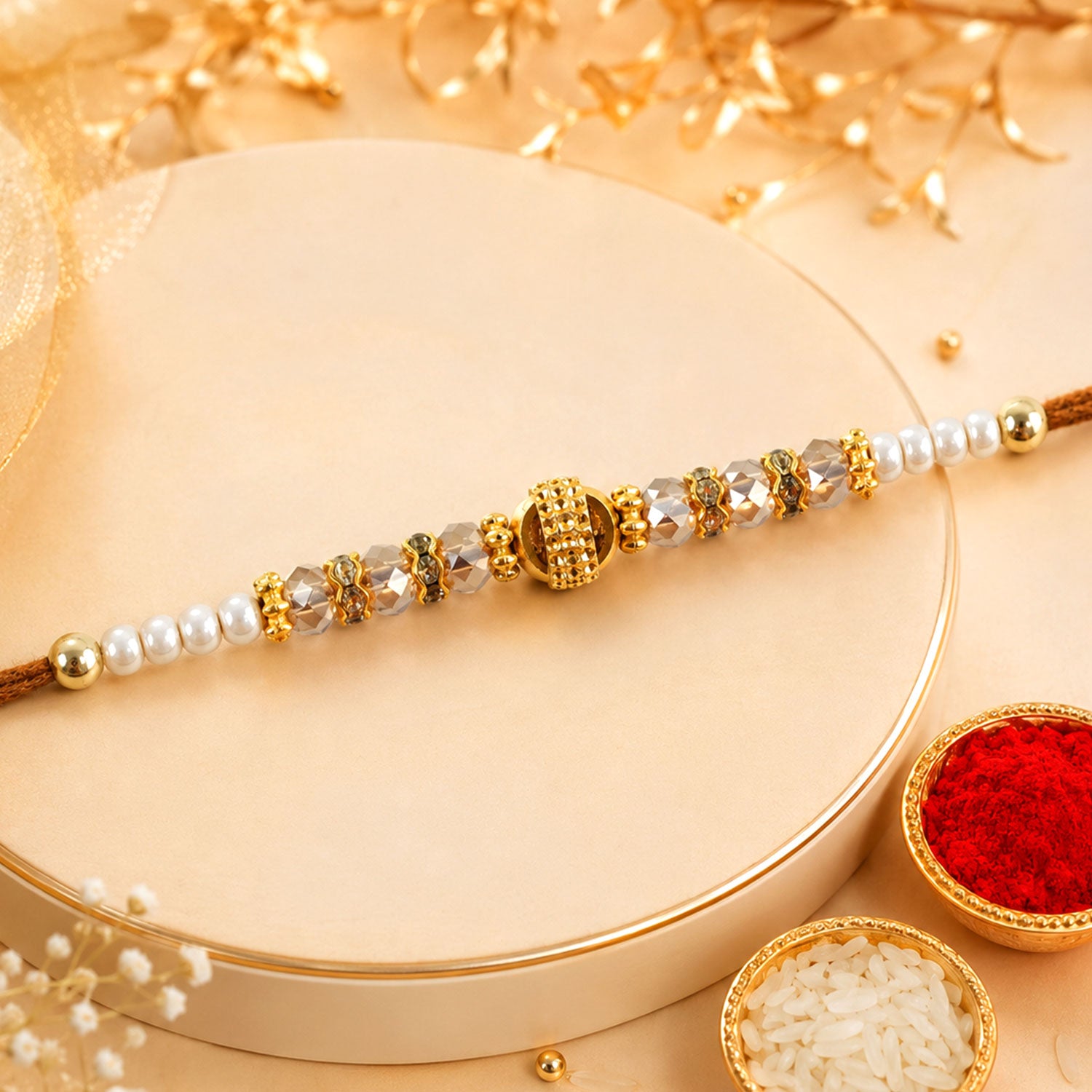 Minimal Pearl Golden Bracelet Rakhi with Sleek Beads and Elegant Red Thread