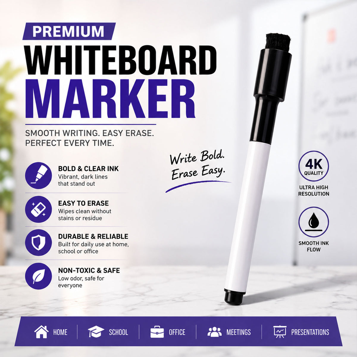 Black dry erase marker with ergonomic slim barrel