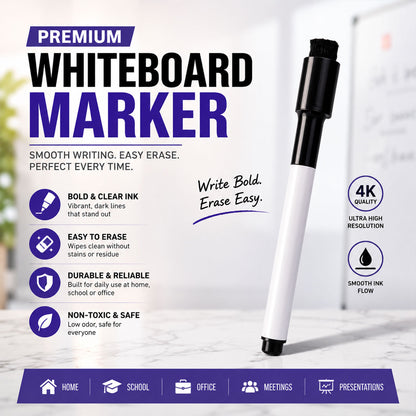 Black dry erase marker with ergonomic slim barrel