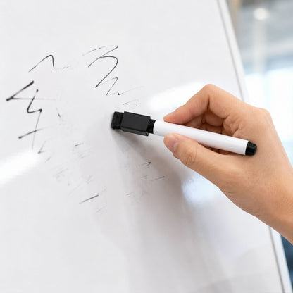 Marker tip of black 2-in-1 whiteboard marker showing bold black ink