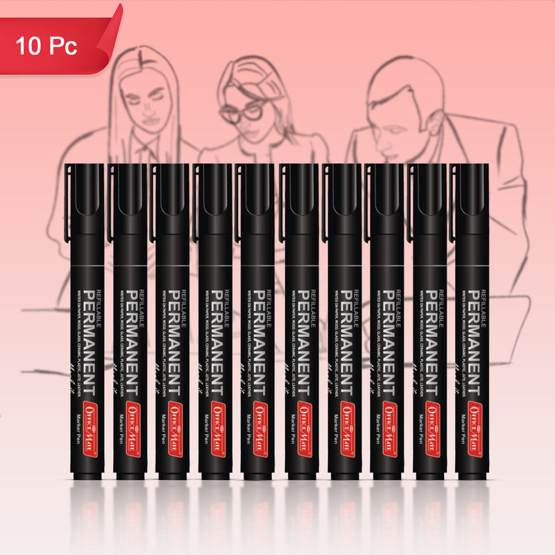 Refillable Permanent Black Marker Pen Set (10 Pcs) – Waterproof, Bullet Tip