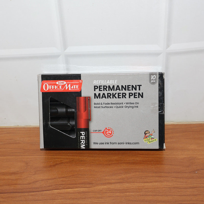 Refillable Permanent Black Marker Pen Set (10 Pcs) – Waterproof, Bullet Tip