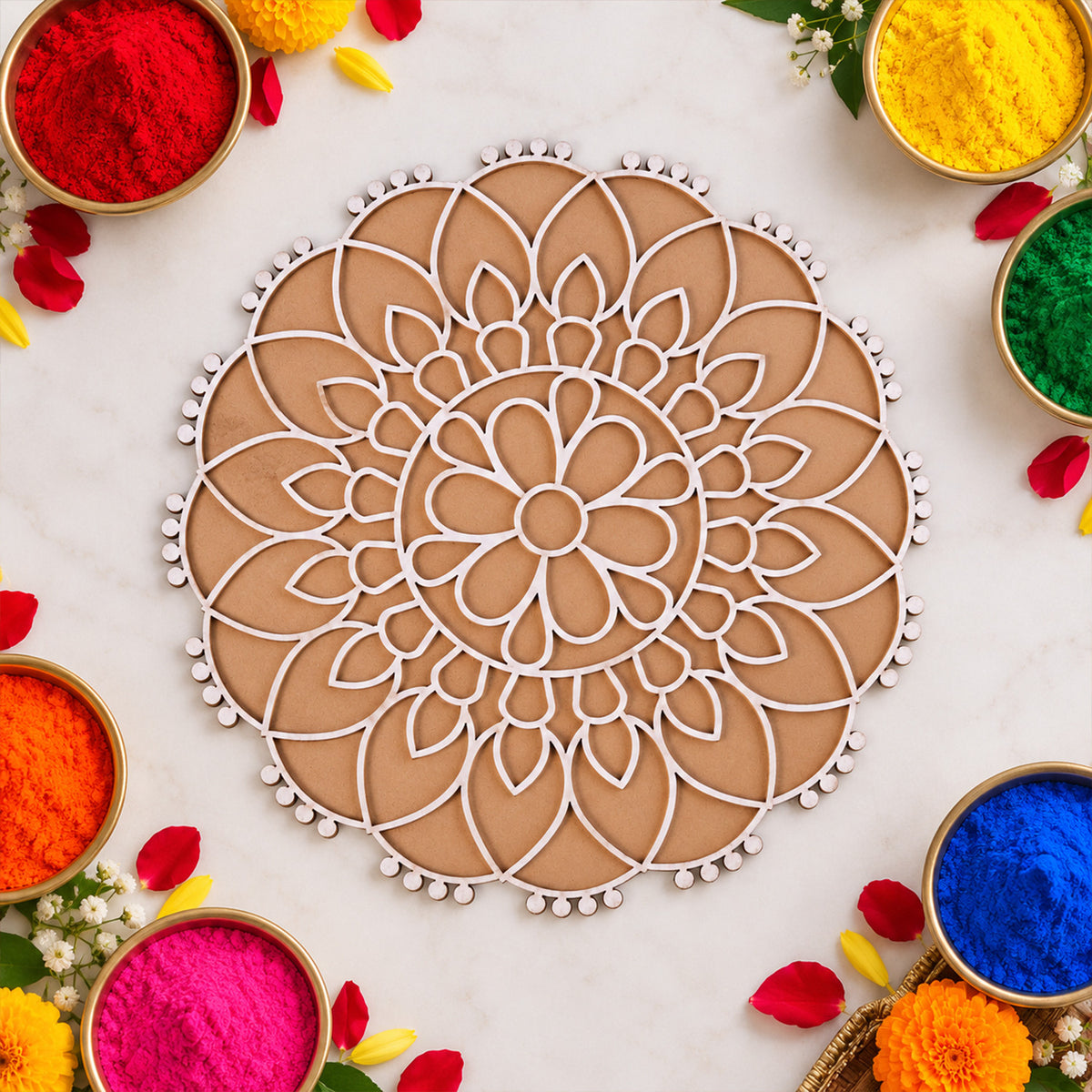 Round Floral Rangoli Stencil Board for Door Entrance and Festive Decoration