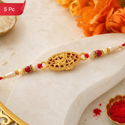 Leaf Pattern Om Charm Traditional Rakhi with Beads for Raksha Bandhan (5pcs)