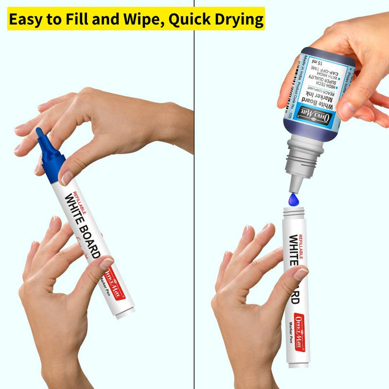 Refillable Whiteboard Marker Pens Blue Ink (10 Pcs) – Bullet Tip, Easy Erase