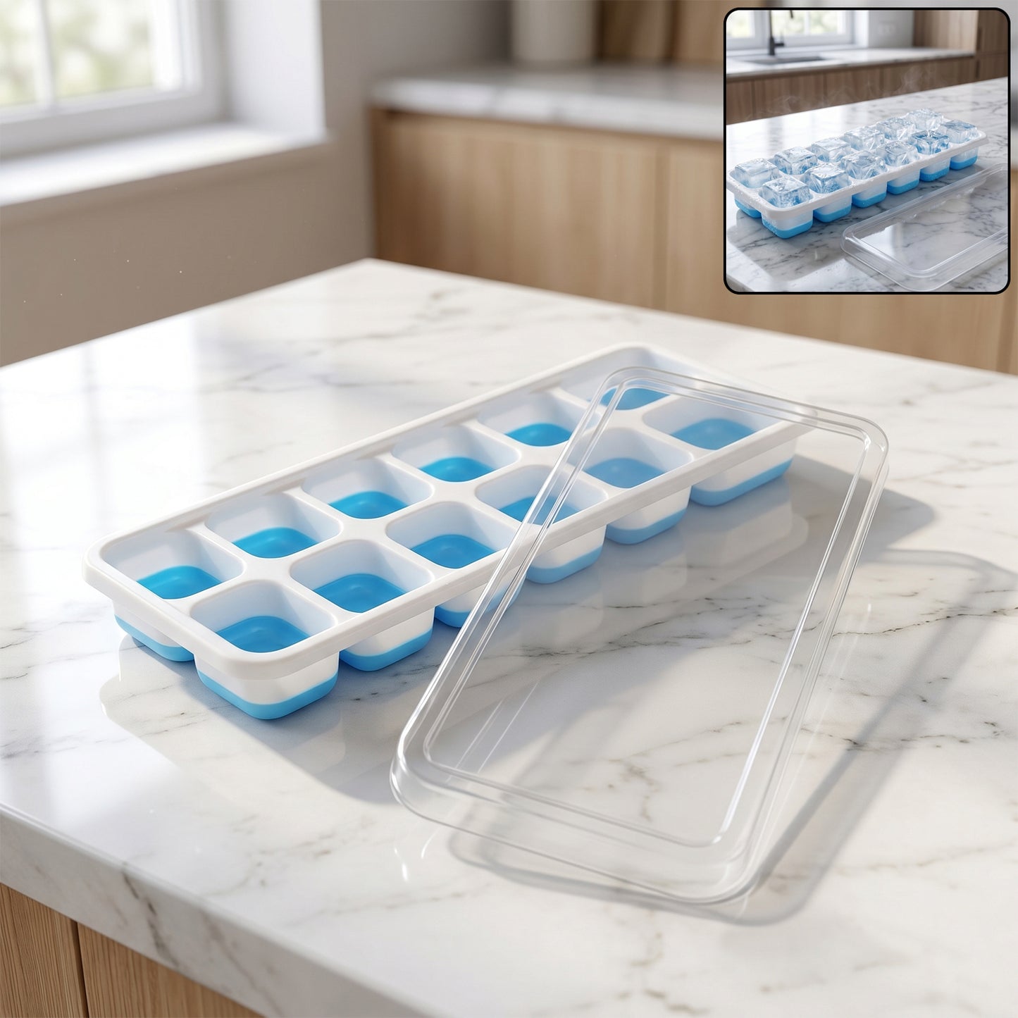 Blue plastic ice cube tray with lid