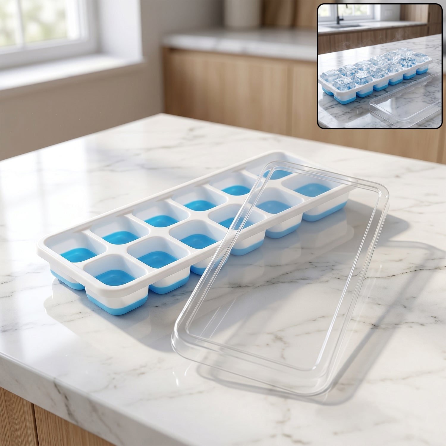 Blue plastic ice cube tray with lid