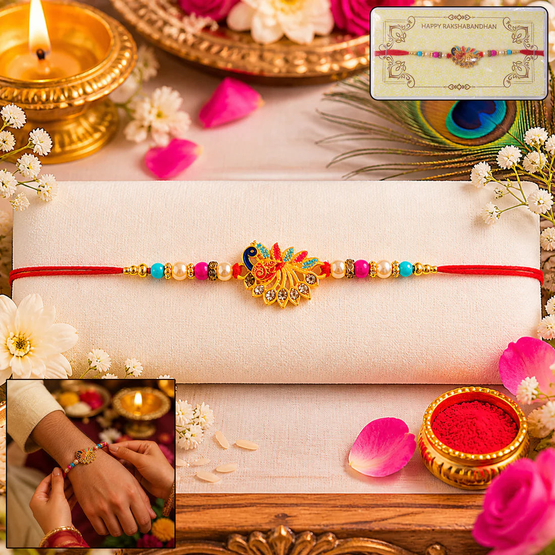 Peacock Rakhi Elegant Stone Detailing with Red Thread (10pcs)