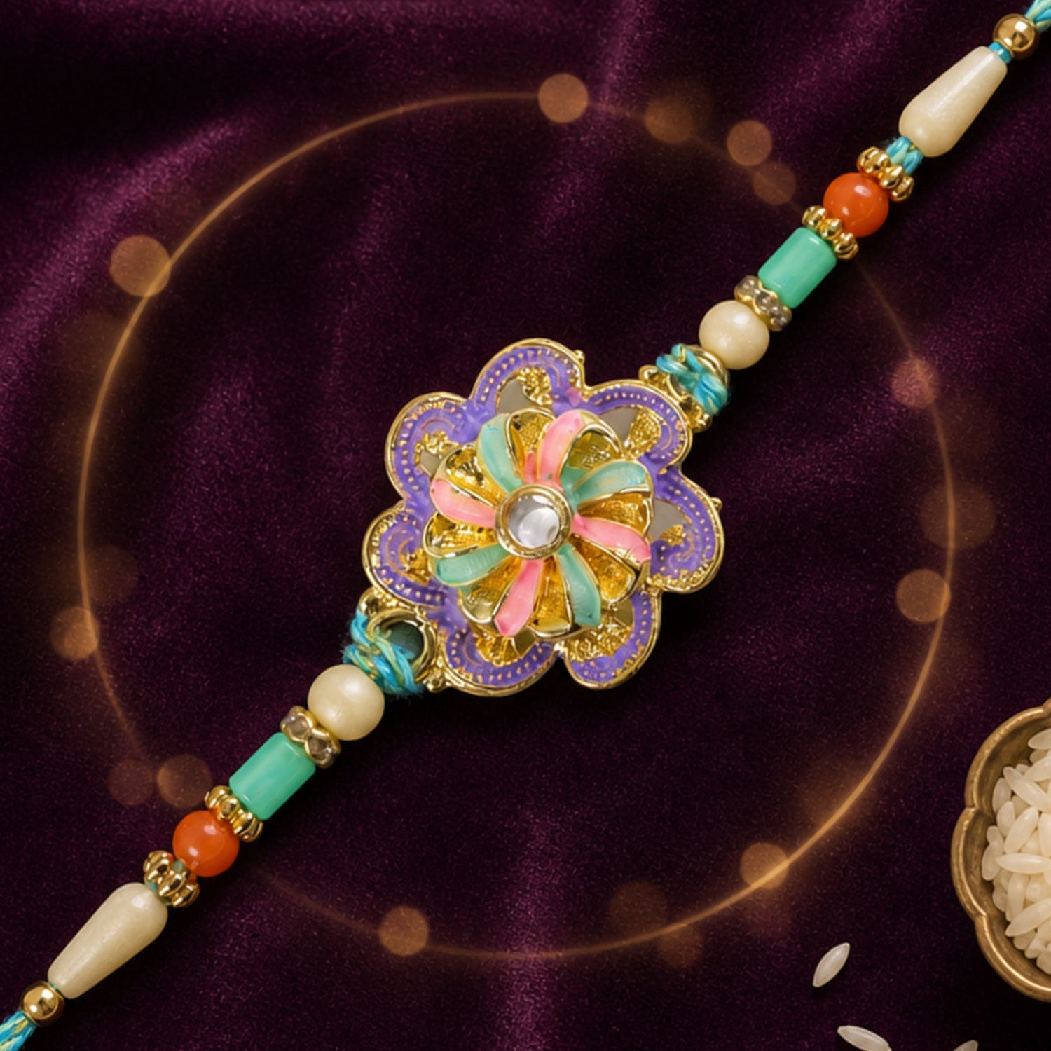 Floral Bloom Rakhi with Cream Thread, Pastel Beads and Soft Enamel Petals for Gifting