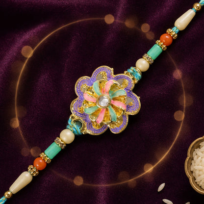 Floral Bloom Rakhi with Cream Thread, Pastel Beads and Soft Enamel Petals for Gifting