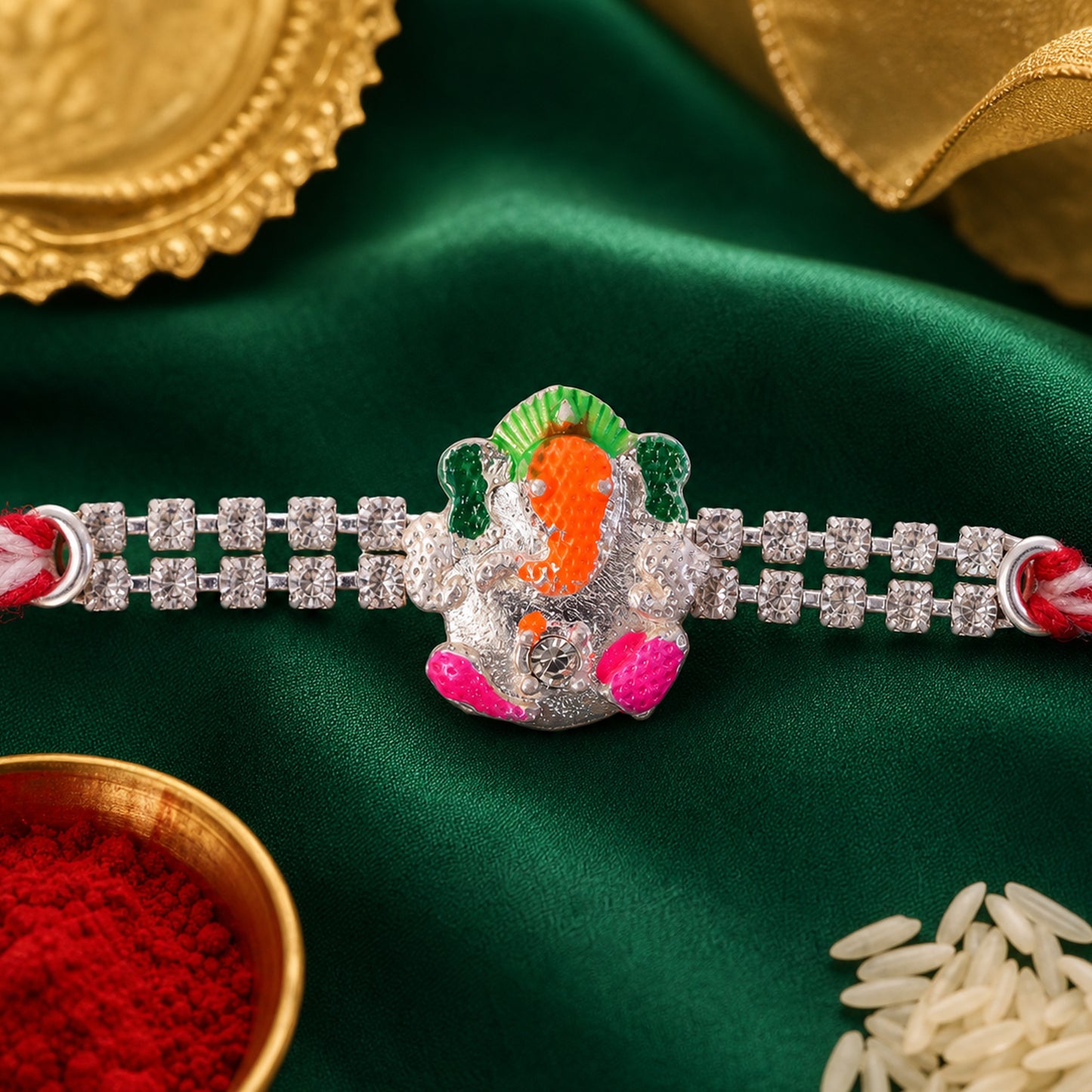 Elegant Rakhi featuring Ganesha Charm, crystal accents and thread style for Gift Use