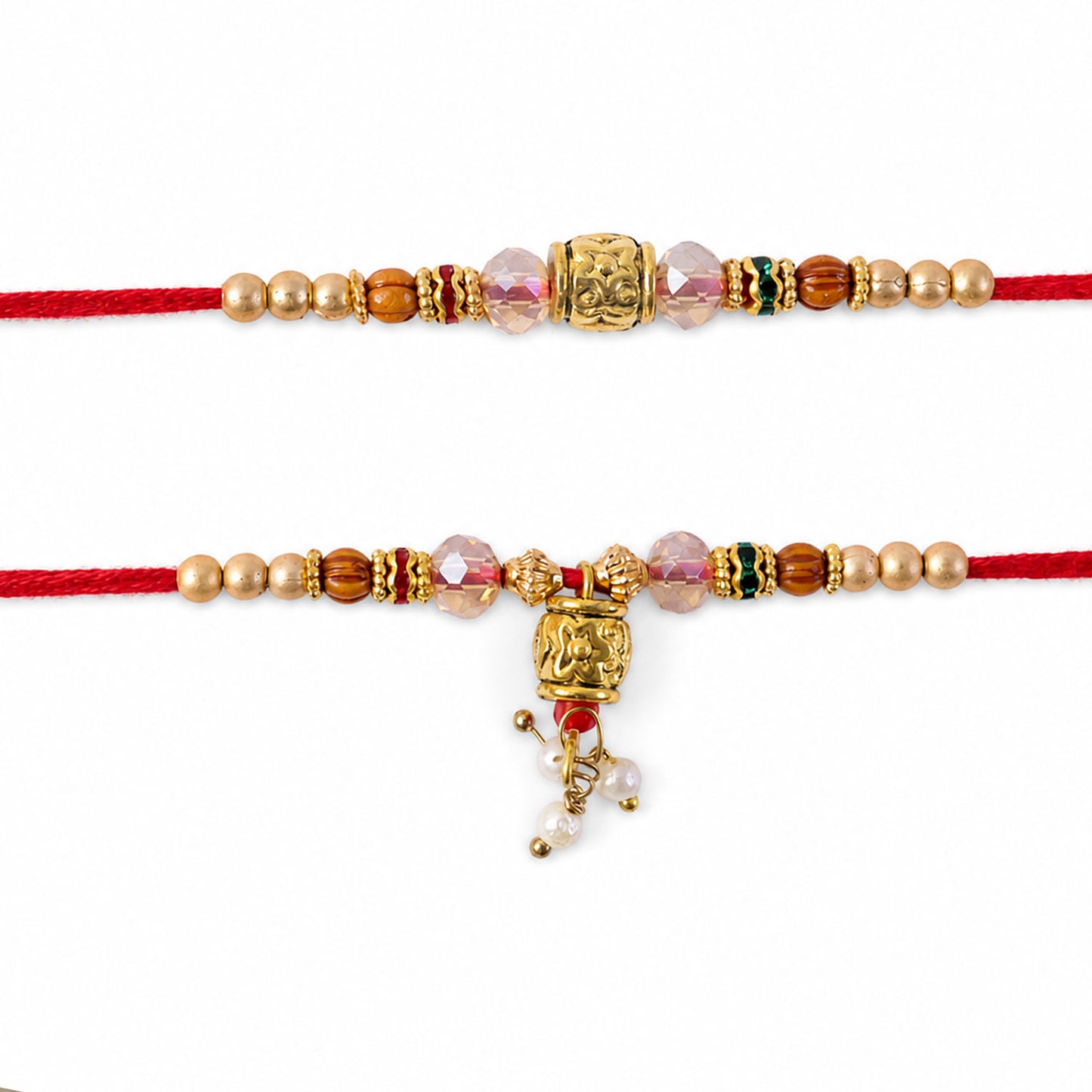 Antique Engraved Cube Bhai Bhabhi Rakhi with Crystal, Beads and Pearl Drops