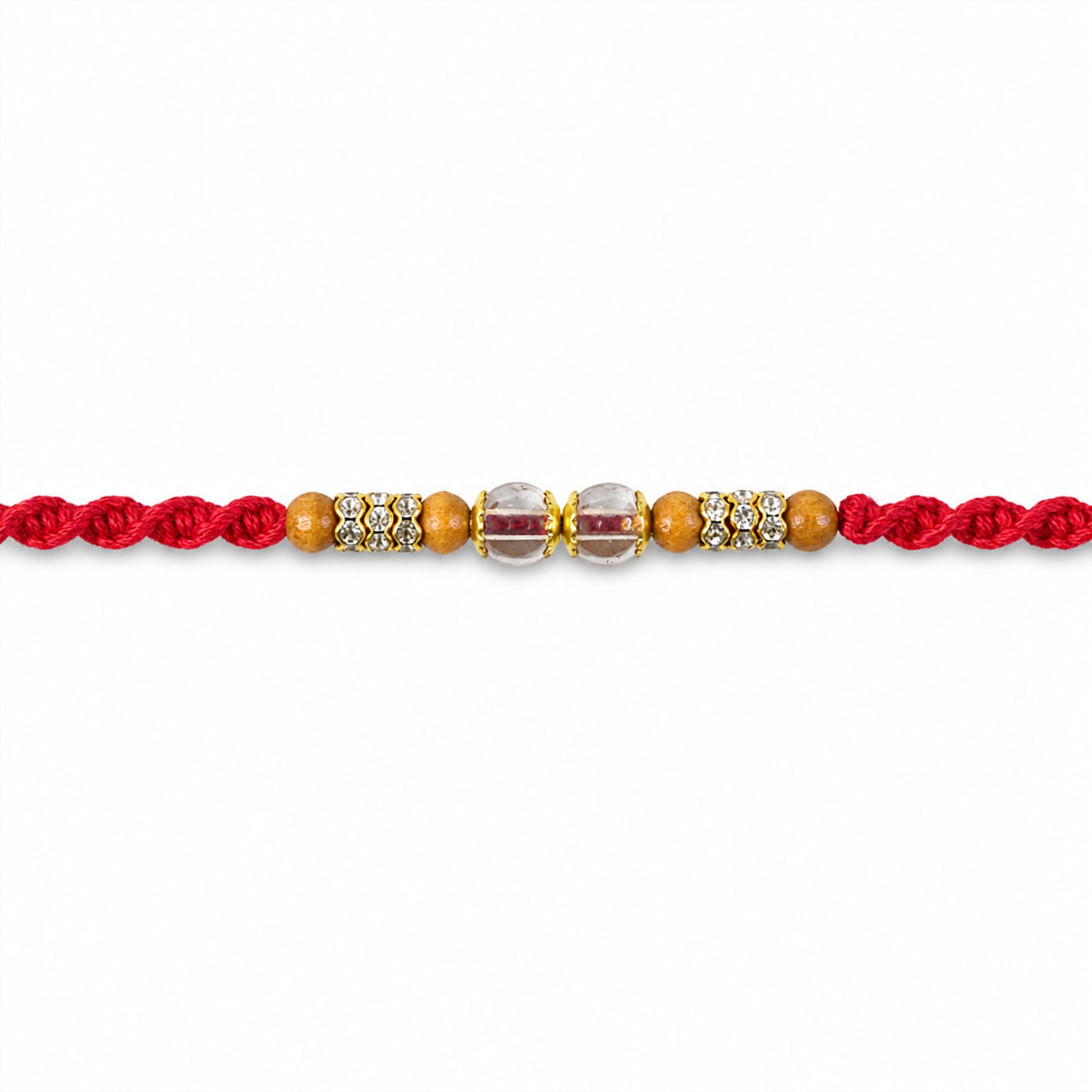 Red Braided Rakhi with Crystal and Natural Wooden Bead Accents