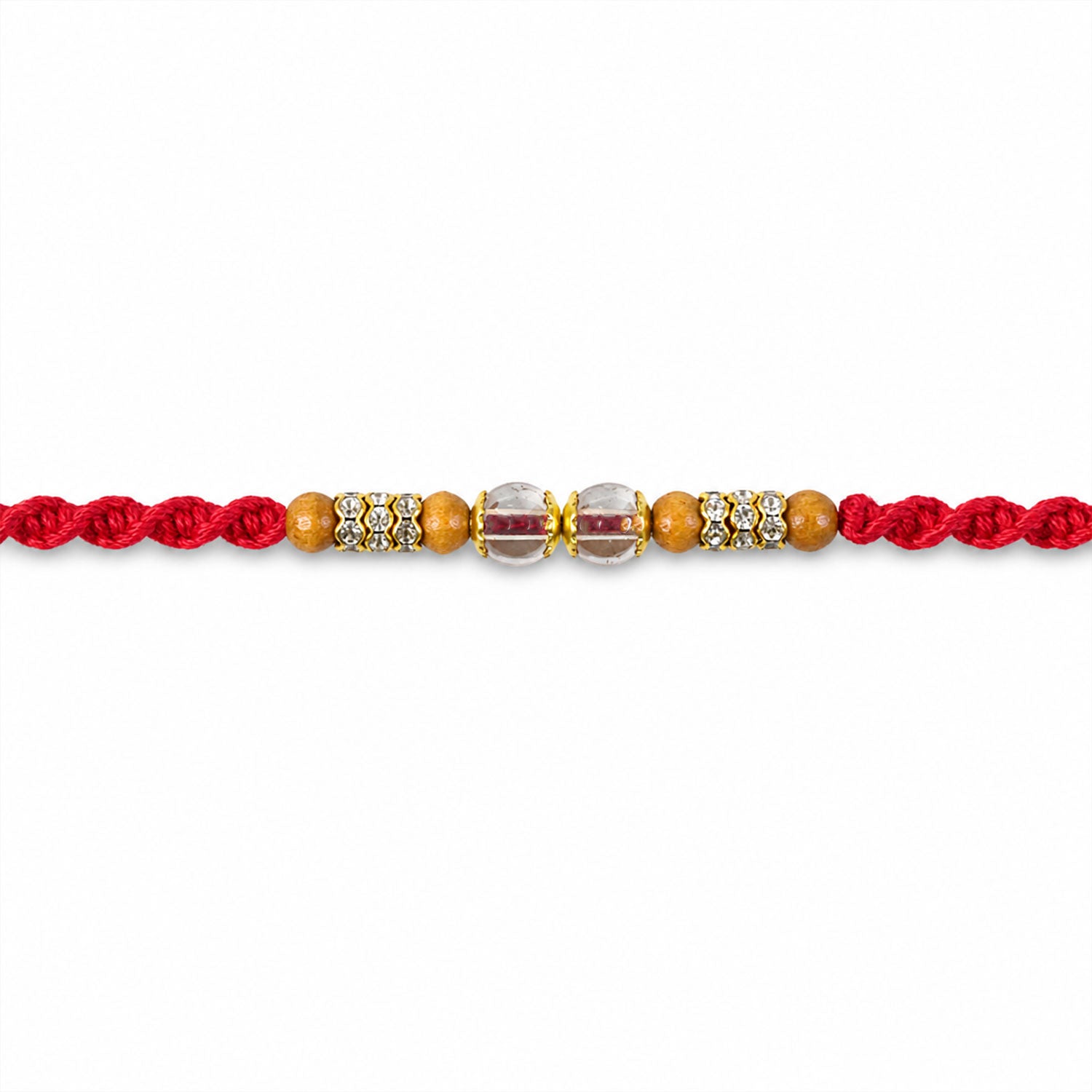 Red Braided Rakhi with Crystal and Natural Wooden Bead Accents