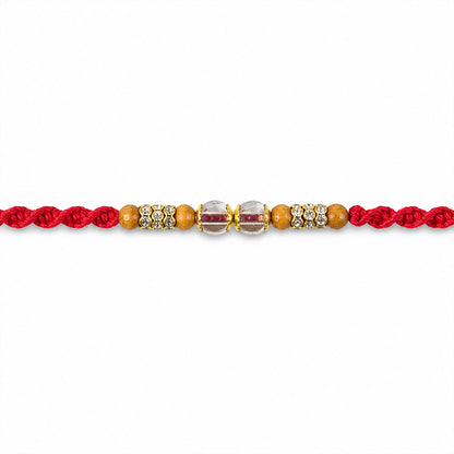 Red Braided Rakhi with Crystal and Natural Wooden Bead Accents
