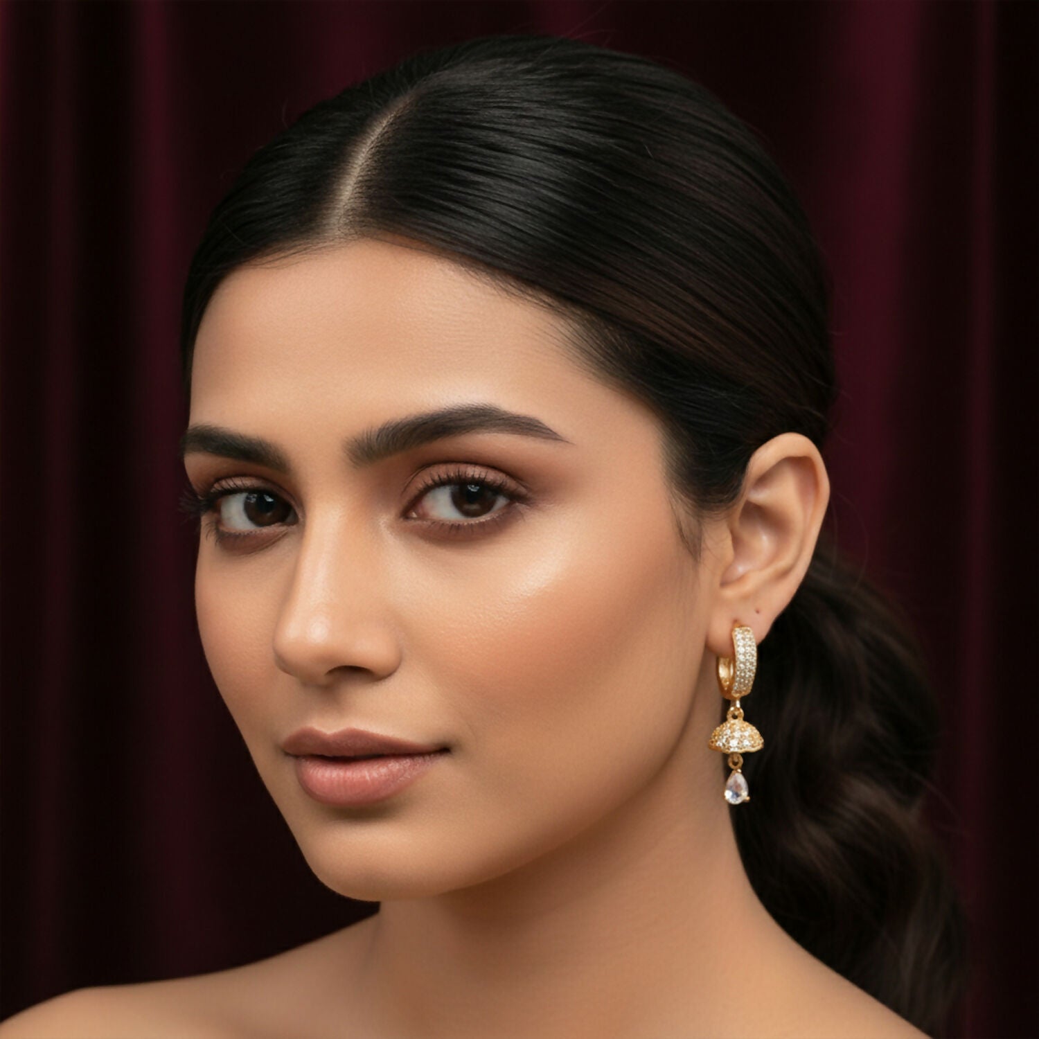 Gold Finish Hoop Earrings with Stone Studded Drop Design for Women & Girls