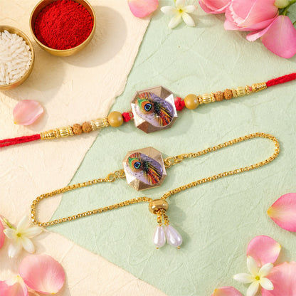 Krishna Morpankh Printed Charm Rudraksha Beads Bhai Bhabhi Rakhi Lumba Set