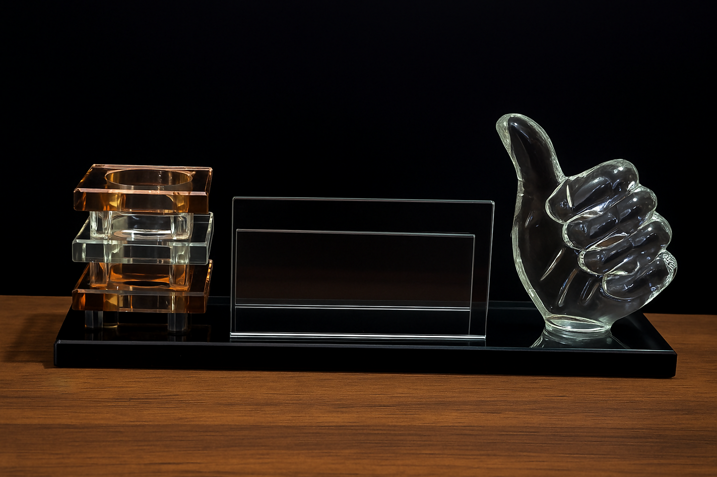 Premium Glass Desk Organizer with Thumbs-Up Sculpture, Transparent Business Card Holder & Stacked Amber Crystal Pen Stand for Office, Study Table & Corporate Gifting