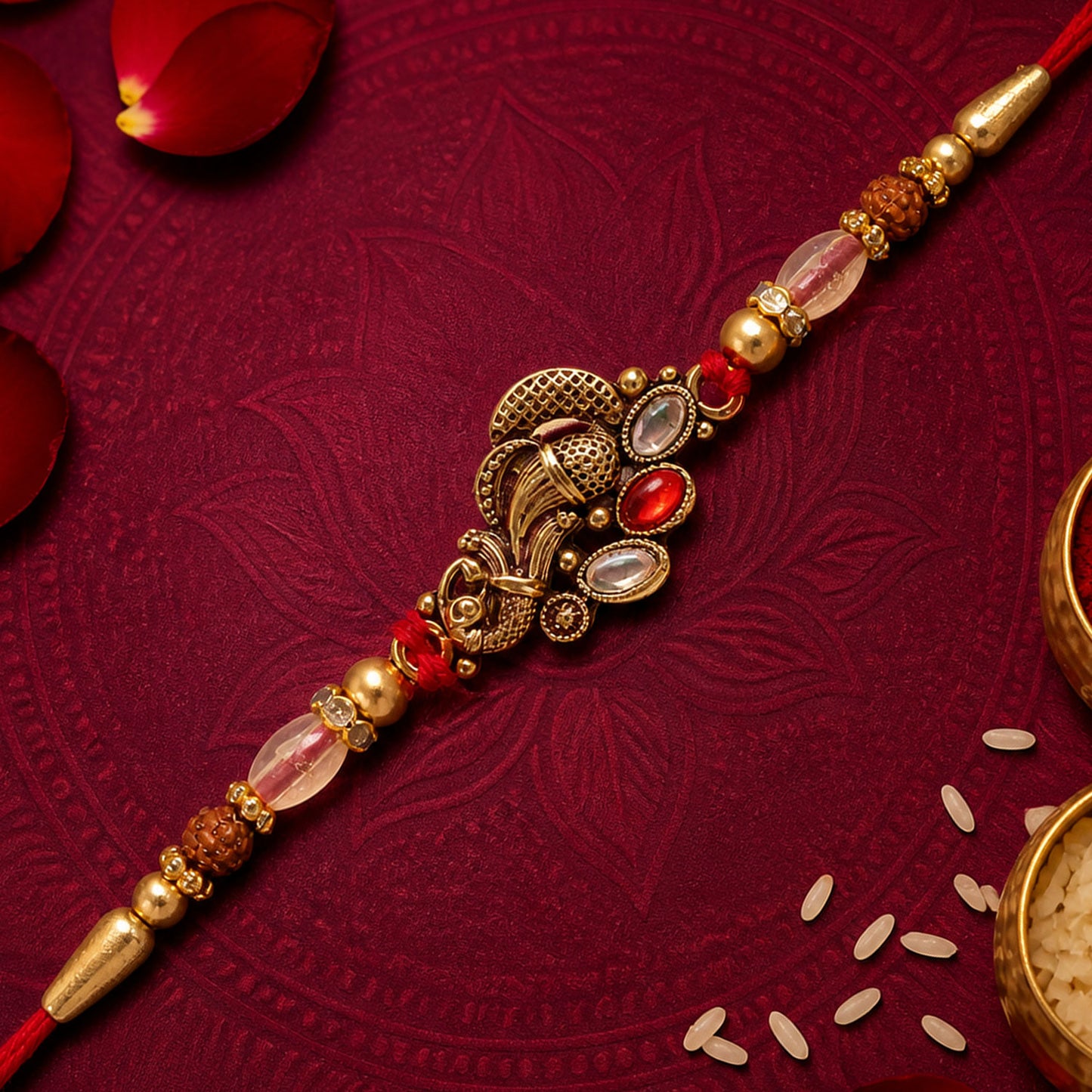 Elegant Rakhi with Ornate Floral Medallion and metal trims in chain look for Gift Use