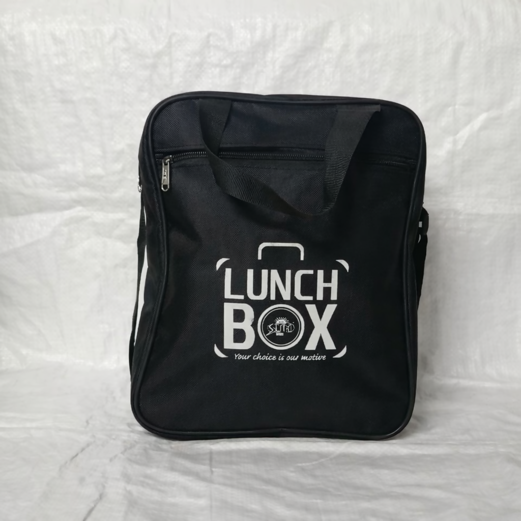 Black insulated lunch bag featuring modern LUNCH BOX graphic, designed for office and school use.