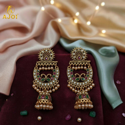 Peacock Motif Antique Gold Finish Chandbali Jhumka Earring