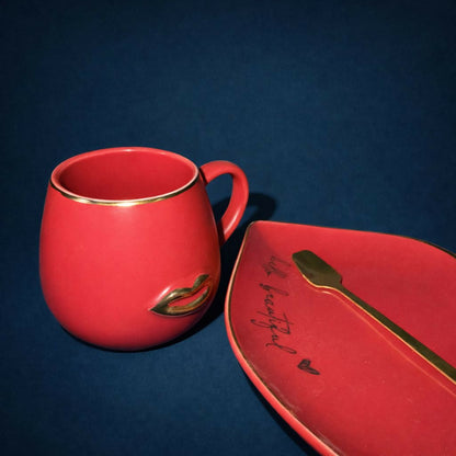Red Ceramic Coffee Mug with Tray & Spoon Lip Design Cup Set