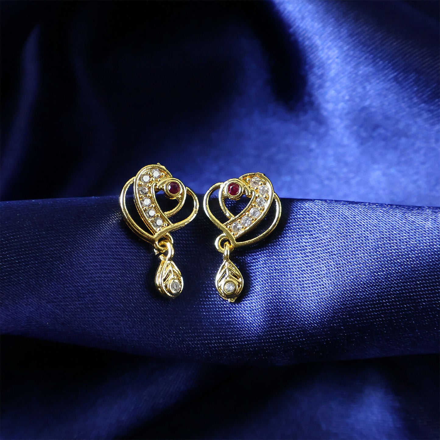 Trendy Geometric Gold Earrings with Sparkling Stones & Drop Charm