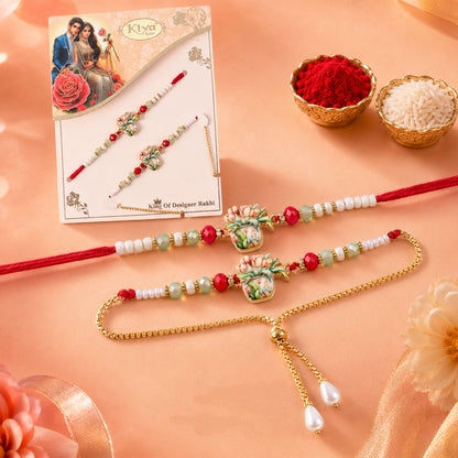 Designer Floral Bhaiya Bhabhi Rakhi Set with Pearl Beads and Lumba Bracelet