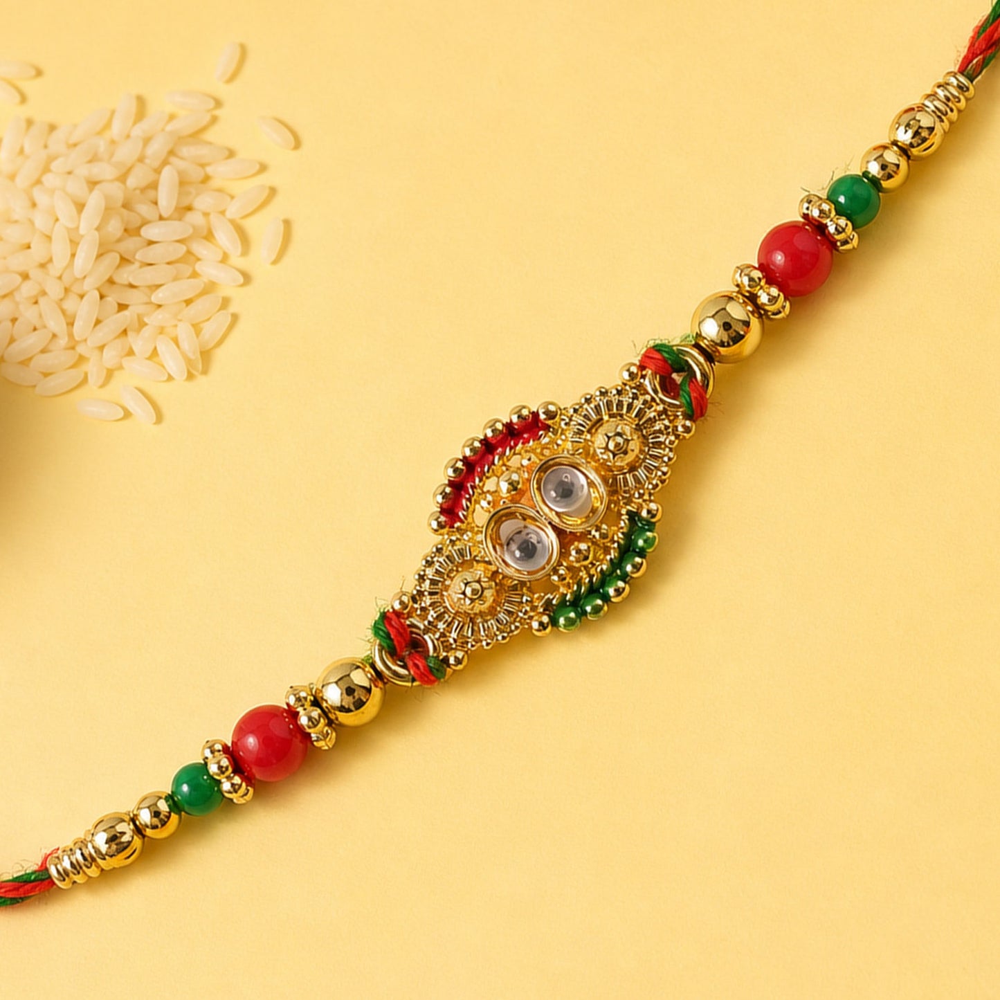 Kundan Cluster Oval Pendant Rakhi with Red and Cream Beads
