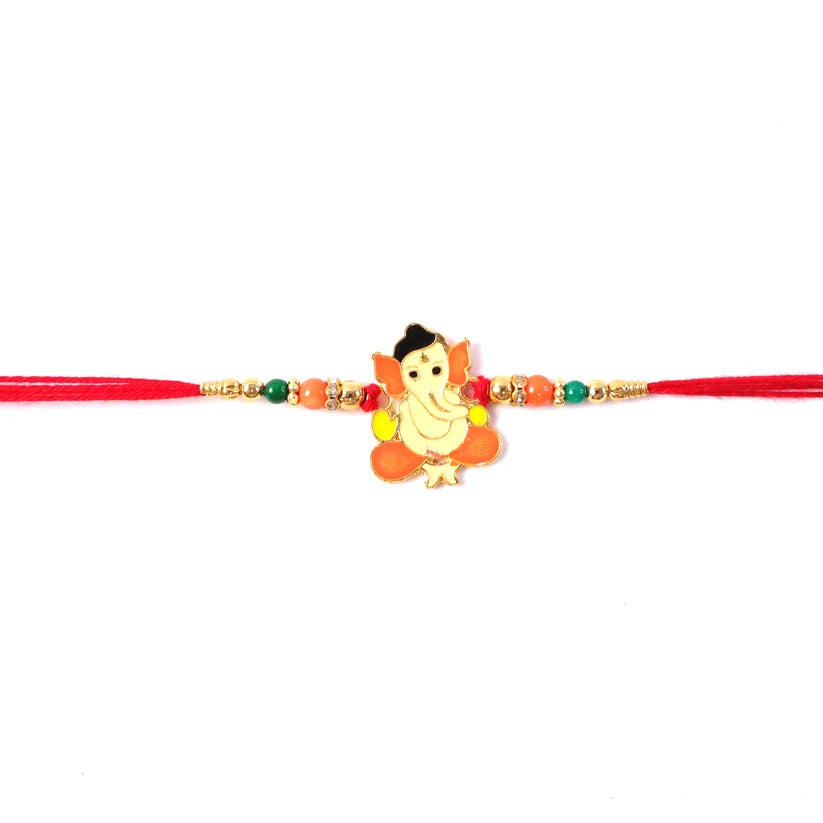 Bal Ganesha Rakhi Vibrant Orange-Green Beads & Red Thread (10pcs)
