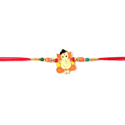 Bal Ganesha Rakhi Vibrant Orange-Green Beads & Red Thread (5pcs)